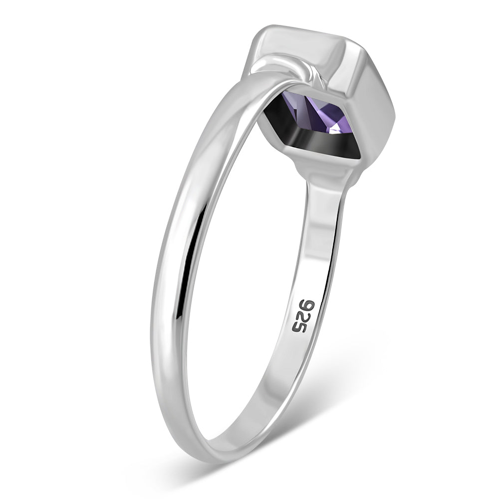 Delicate Rectangle Shape Amethyst Stone Silver Ring