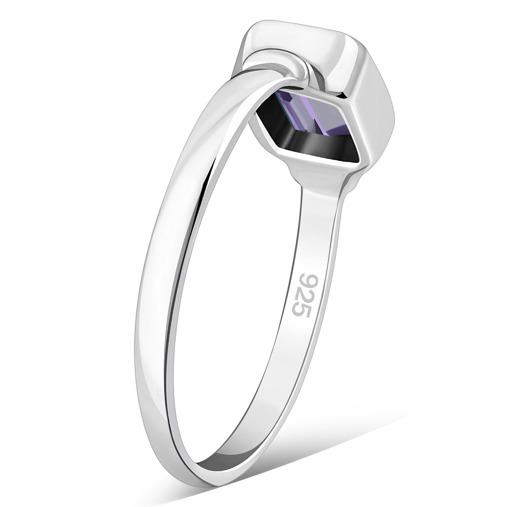 Delicate Rectangle Shape Amethyst Stone Silver Ring