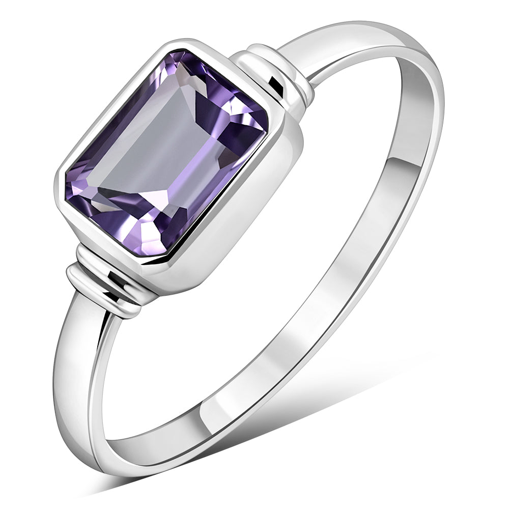 Delicate Rectangle Shape Amethyst Stone Silver Ring