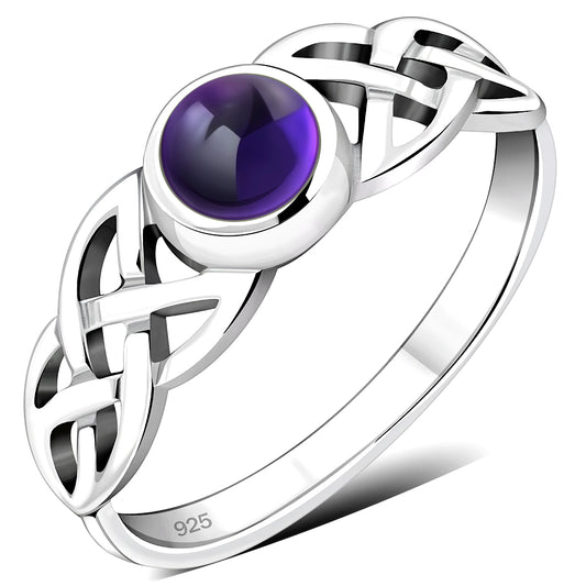 Irish Gaelic Celtic Knot 925 Sterling Silver Ring With Amethyst Stone