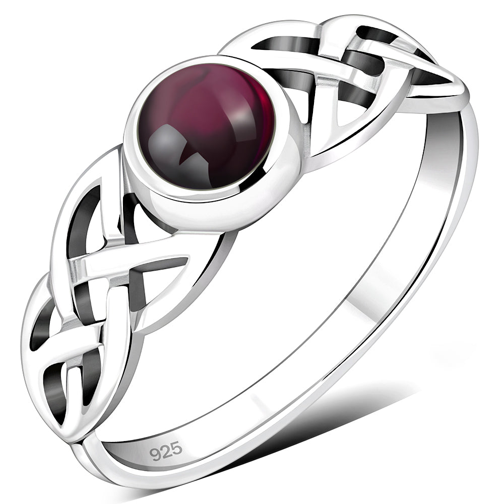 Irish Gaelic Celtic Knot 925 Sterling Silver Ring With Garnet Stone