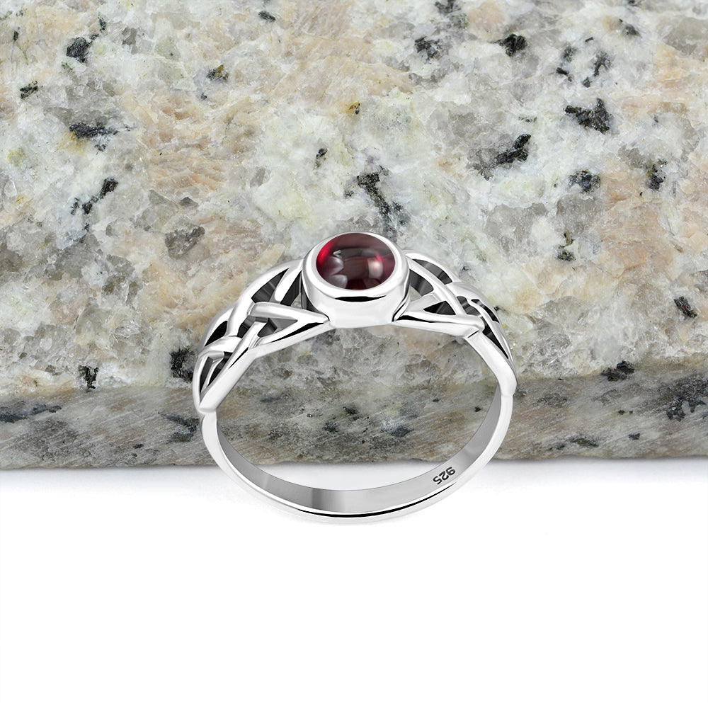 Irish Gaelic Celtic Knot 925 Sterling Silver Ring With Garnet Stone