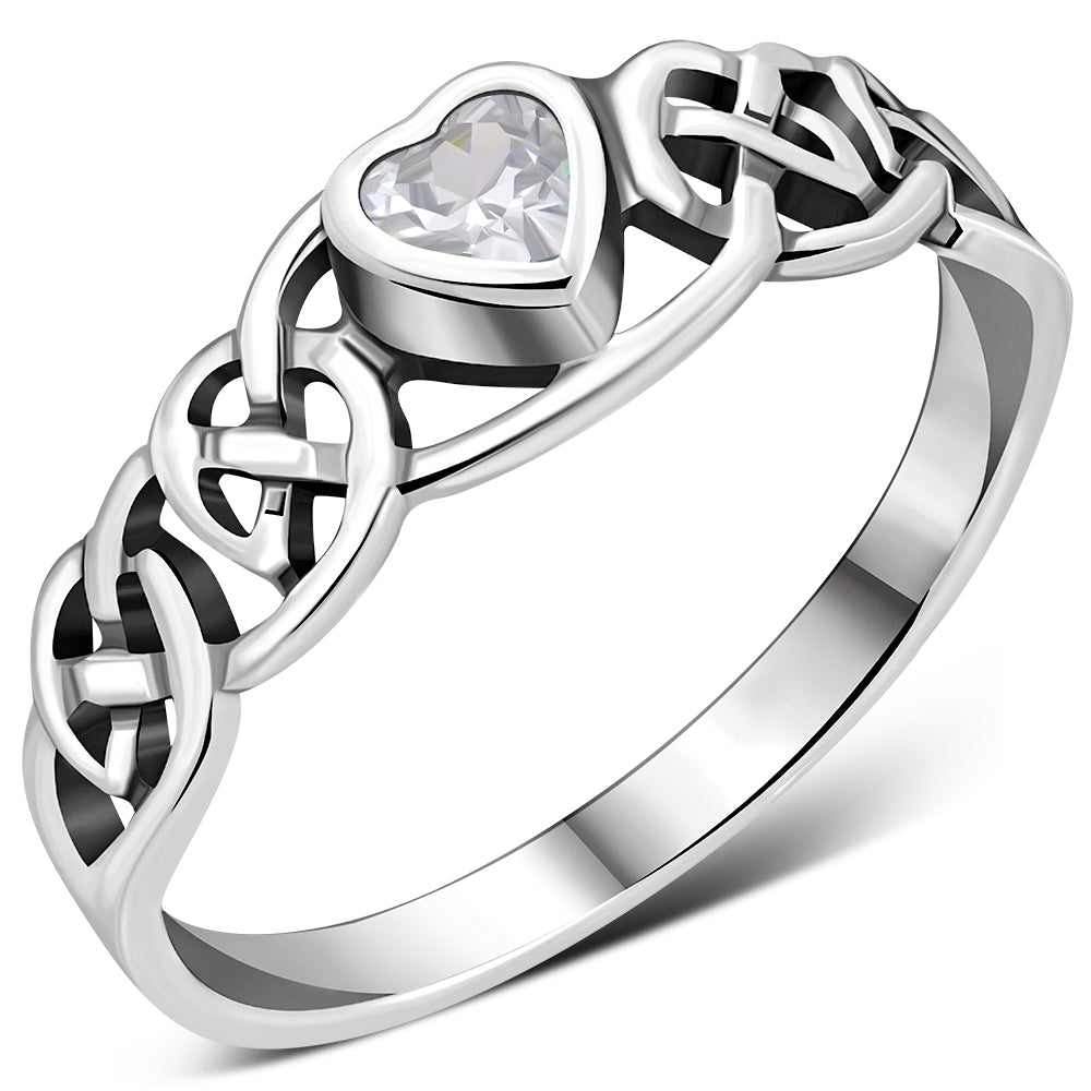 Celtic Knot Clear CZ Heart Silver Ring