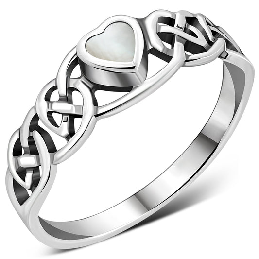 Celtic Knot Mother of Pearl Heart Silver Ring