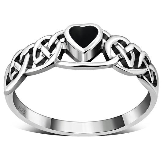 Celtic Knot Black Onyx Heart Silver Ring