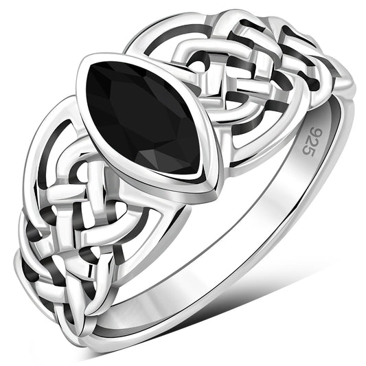 Marquise cut Black Onyx Celtic Silver Ring