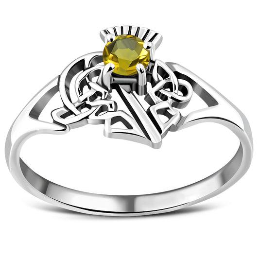 Celtic Knot Thistle Citrine Stone Silver Ring