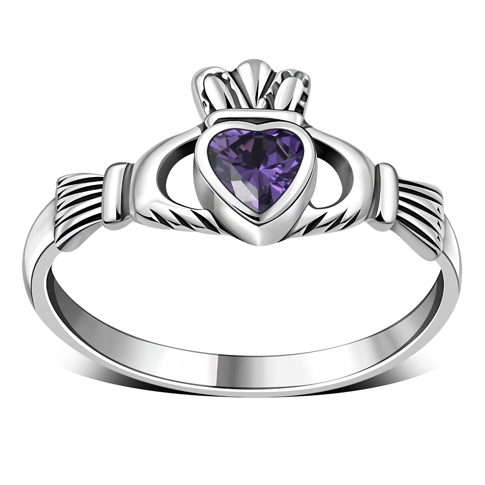 Amethyst CZ Irish Claddagh Silver Ring