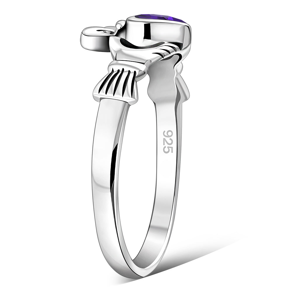 Amethyst CZ Irish Claddagh Silver Ring