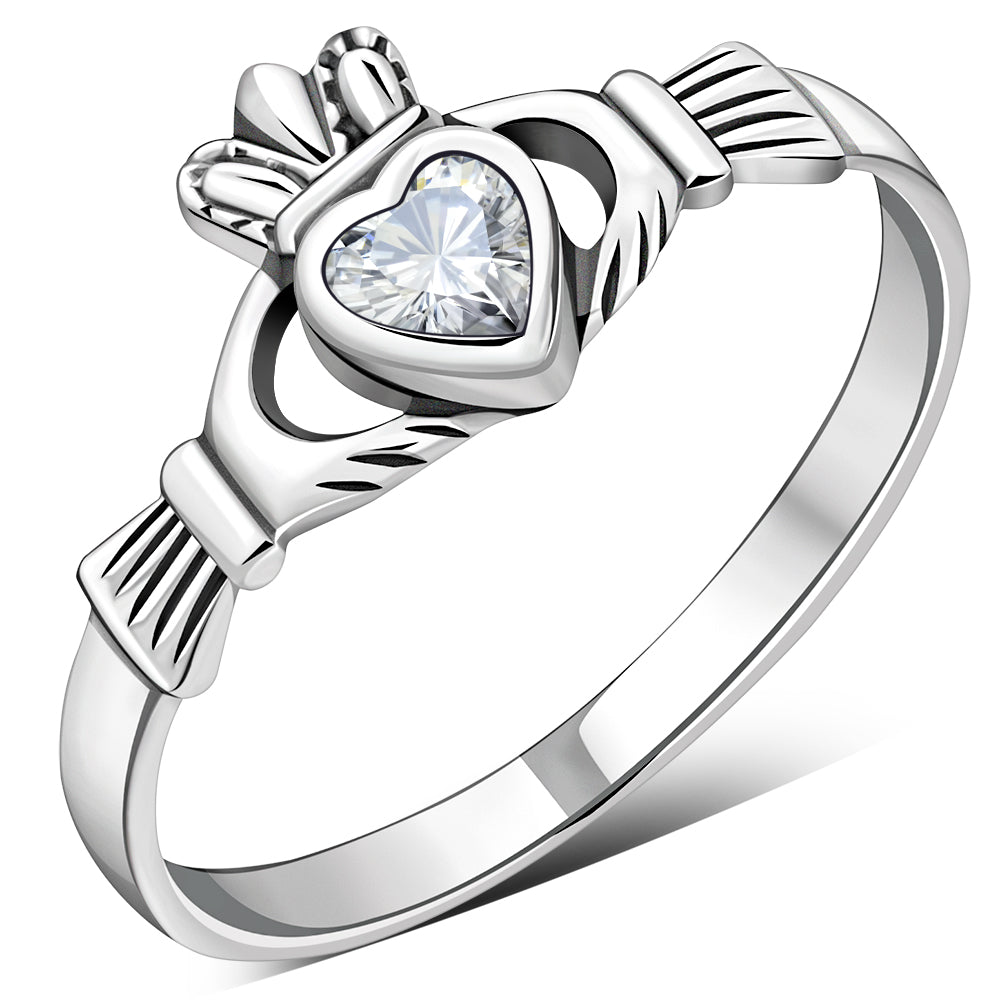 Clear CZ Irish Claddagh Silver Ring