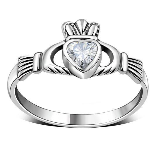 Clear CZ Irish Claddagh Silver Ring