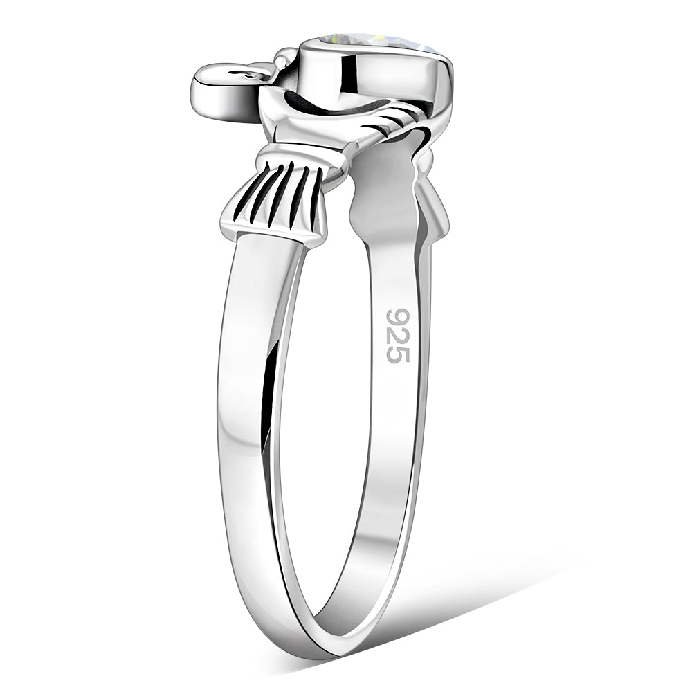 Clear CZ Irish Claddagh Silver Ring