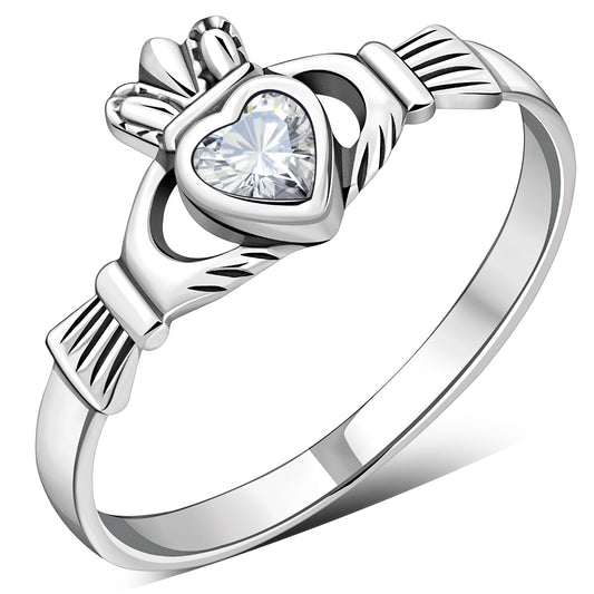 Clear CZ Irish Claddagh Silver Ring