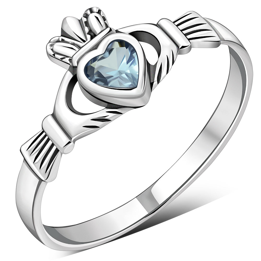 Blue Topaz CZ Irish Claddagh Silver Ring