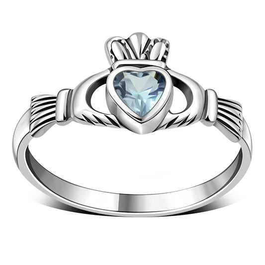 Blue Topaz CZ Irish Claddagh Silver Ring