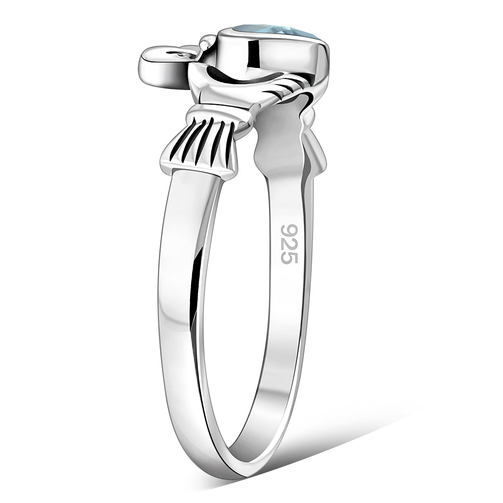 Blue Topaz CZ Irish Claddagh Silver Ring