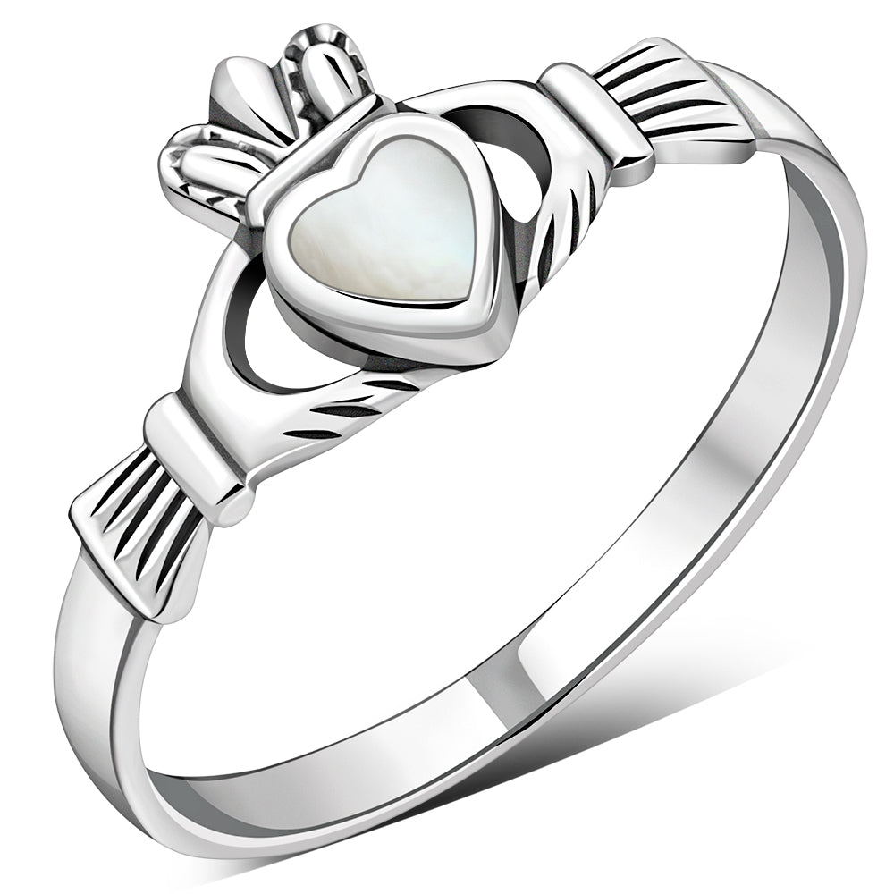 Mother of Pearl Irish Claddagh Silver Ring