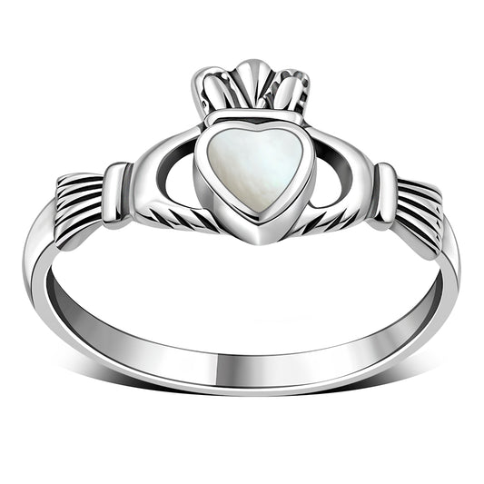 Mother of Pearl Irish Claddagh Silver Ring