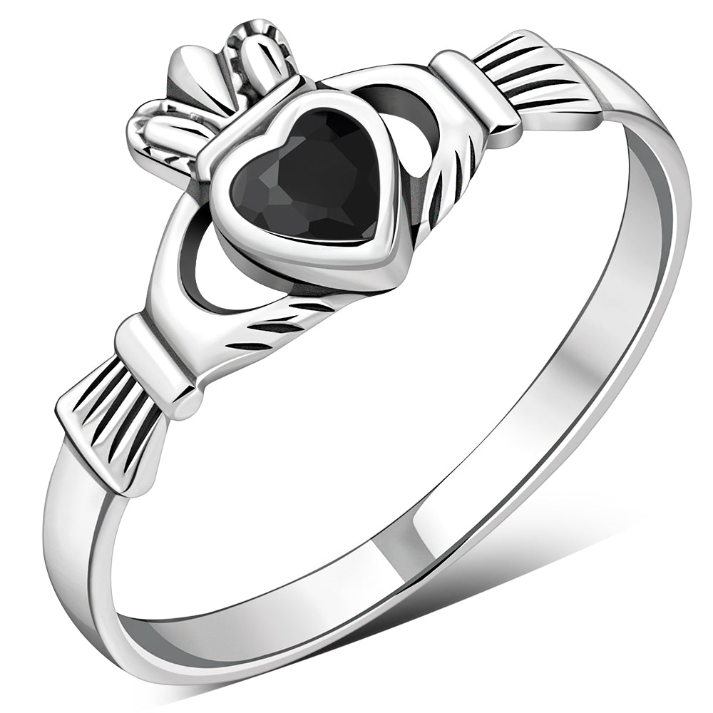 Faceted Black Onyx Claddagh Silver Ring