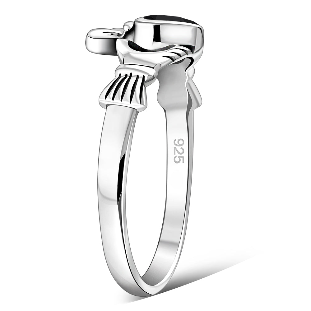 Faceted Black Onyx Claddagh Silver Ring