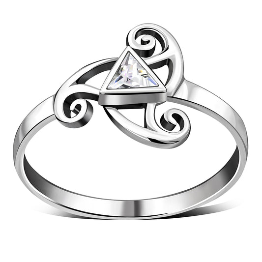 Clear CZ Triskele Triple Spiral Silver Ring