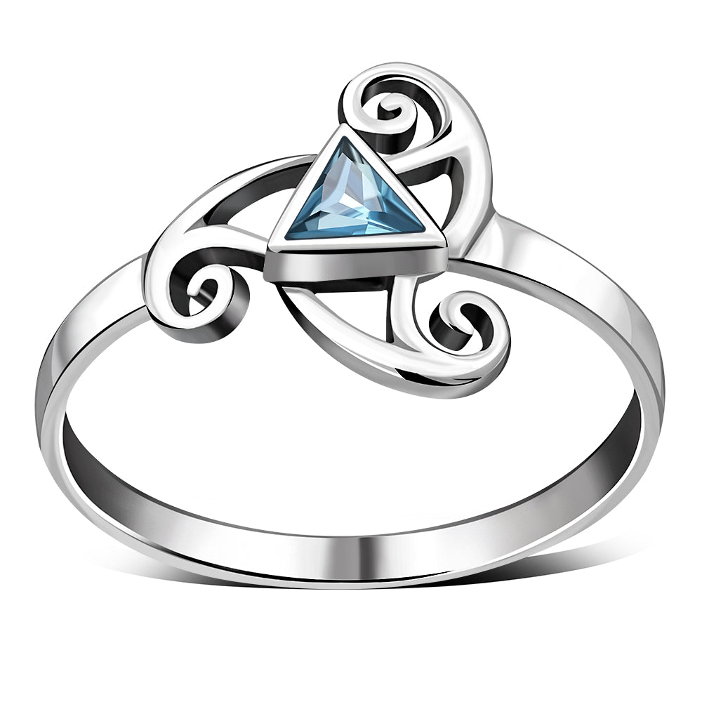 Blue Topaz CZ Triskele Triple Spiral Silver Ring