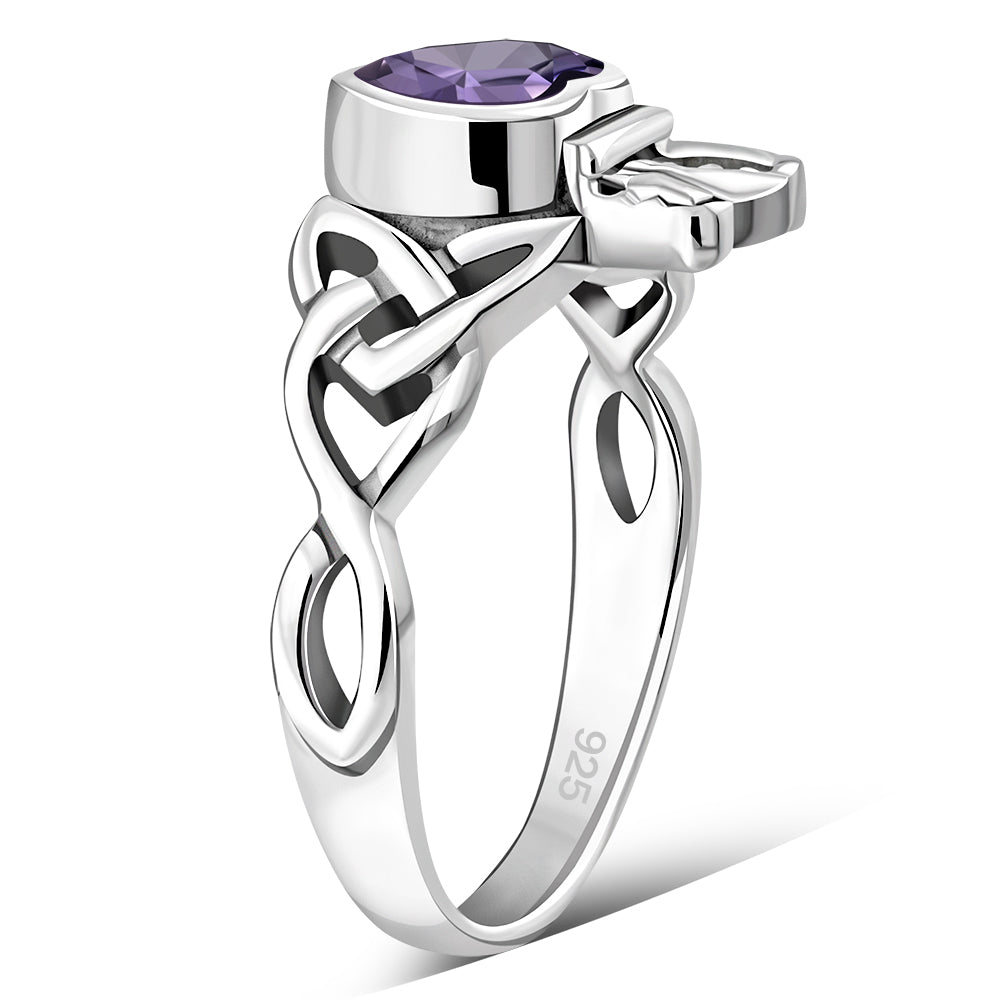 Trinity Knot Amethyst CZ Claddagh Silver Ring