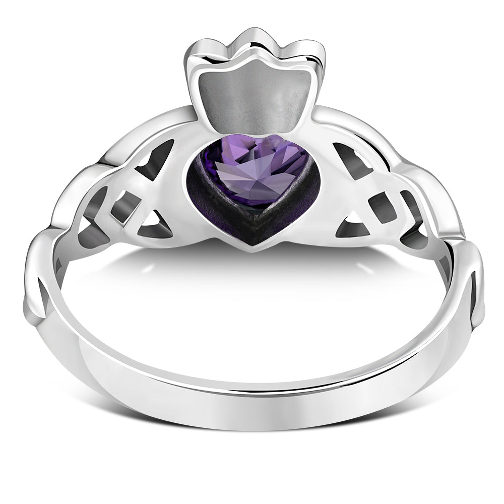 Trinity Knot Amethyst CZ Claddagh Silver Ring
