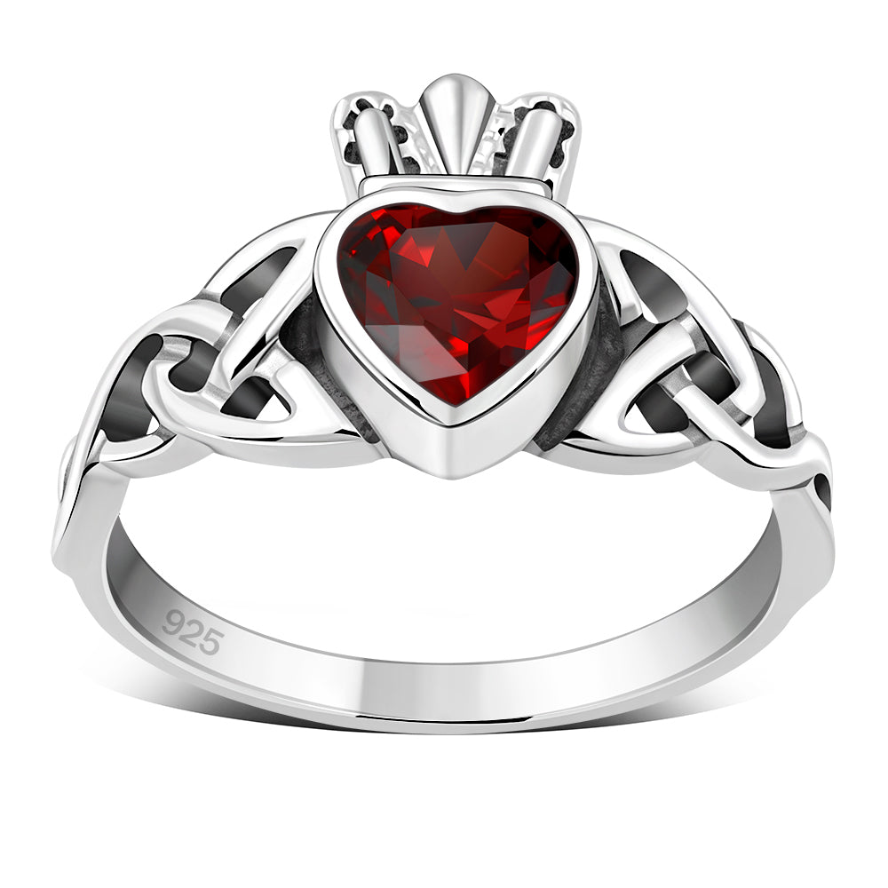 Garnet CZ Trinity Knot Claddagh Silver Ring