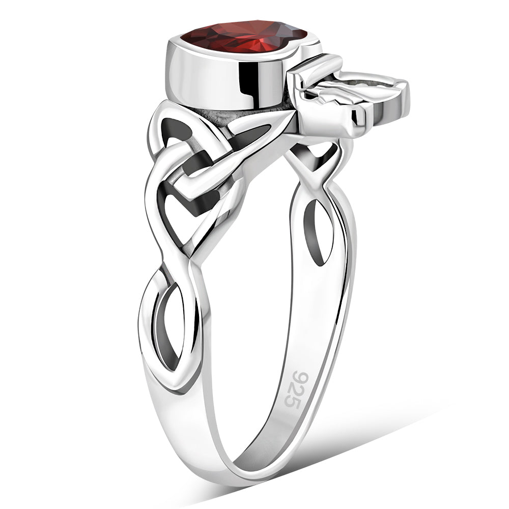 Garnet CZ Trinity Knot Claddagh Silver Ring