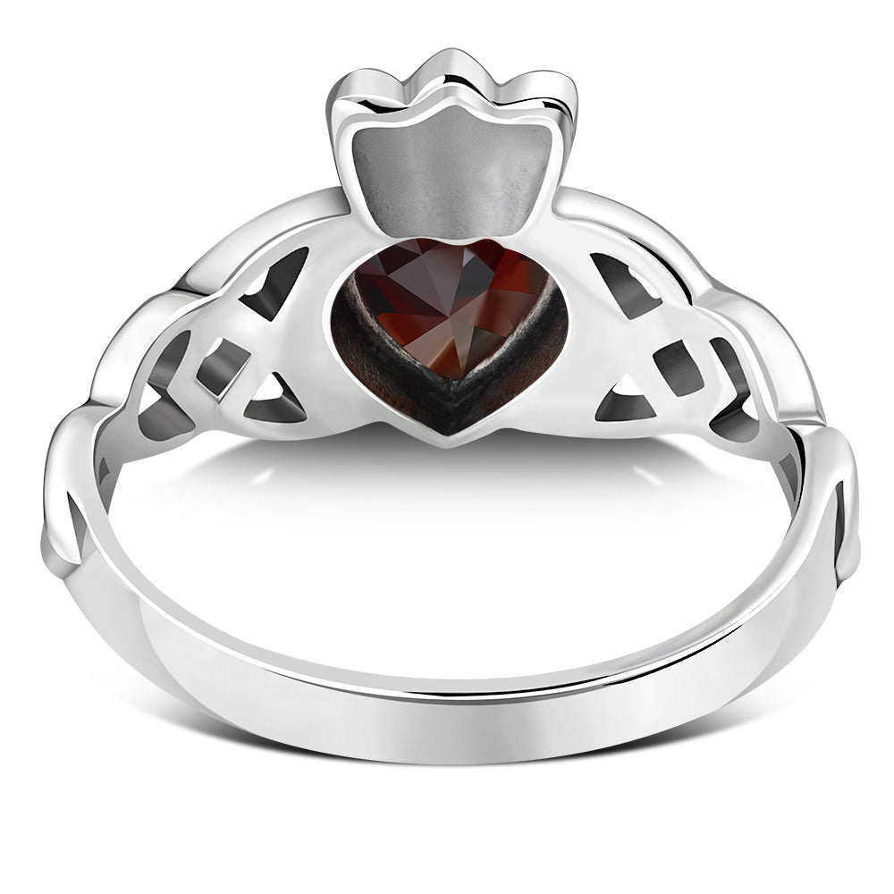 Garnet CZ Trinity Knot Claddagh Silver Ring