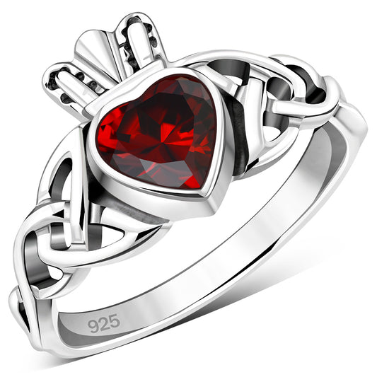 Garnet CZ Trinity Knot Claddagh Silver Ring