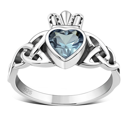 Trinity Knot Blue Topaz CZ Claddagh Silver Ring