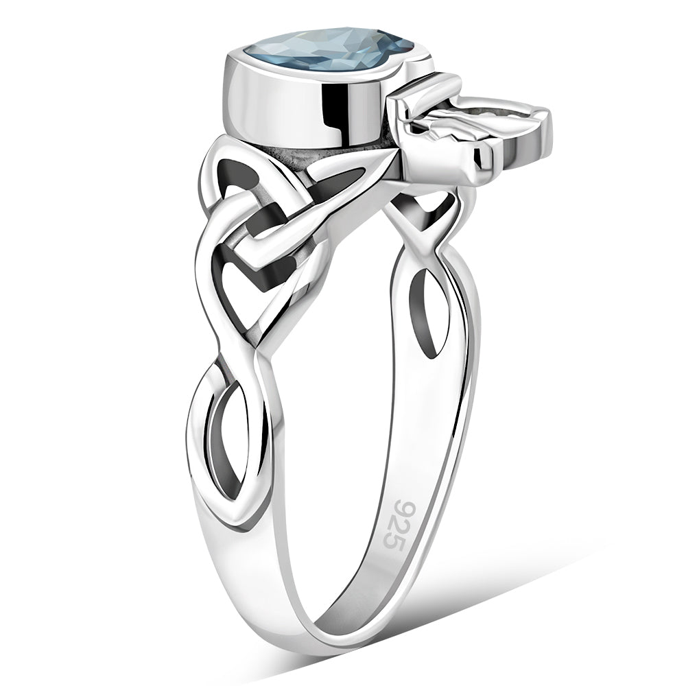 Trinity Knot Blue Topaz CZ Claddagh Silver Ring