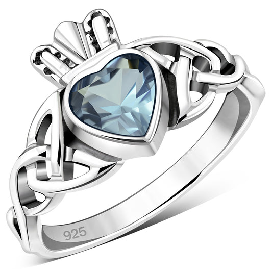 Trinity Knot Blue Topaz CZ Claddagh Silver Ring