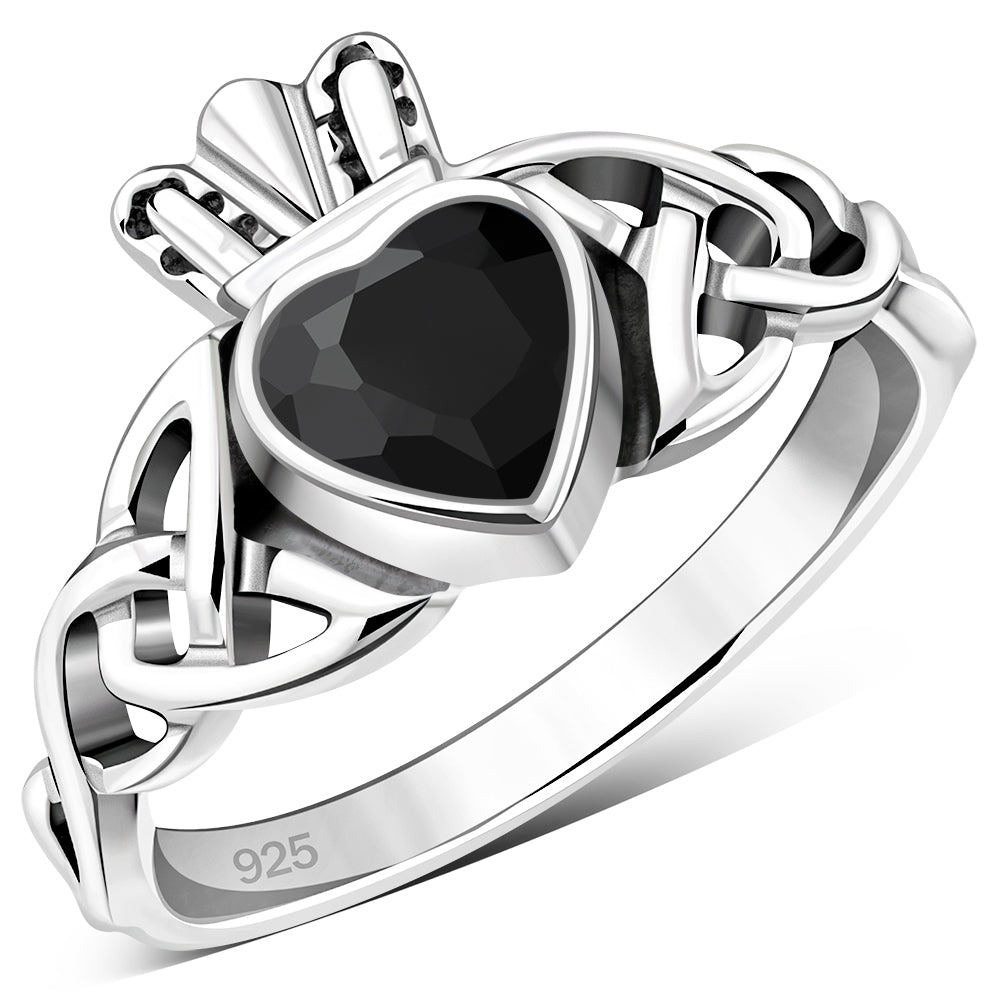 Faceted Black Onyx Trinity Knot Claddagh Silver Ring