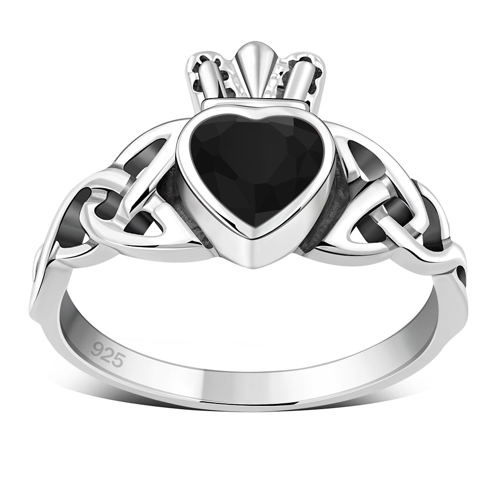 Faceted Black Onyx Trinity Knot Claddagh Silver Ring