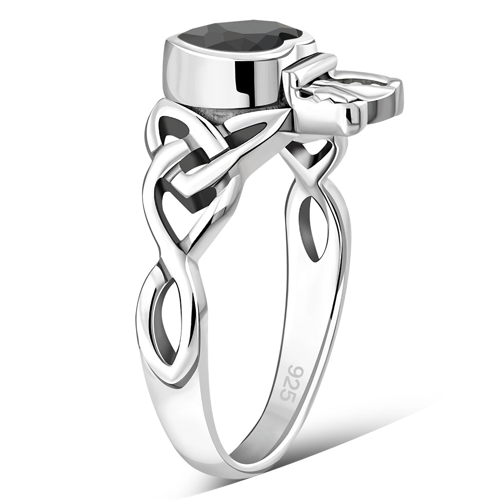 Faceted Black Onyx Trinity Knot Claddagh Silver Ring