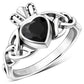 Faceted Black Onyx Trinity Knot Claddagh Silver Ring