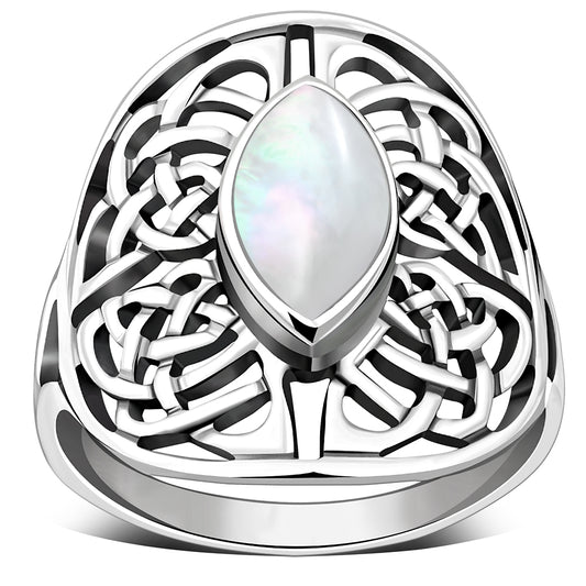 Large Mother Of Pearl Celtic Knot Silver Ring