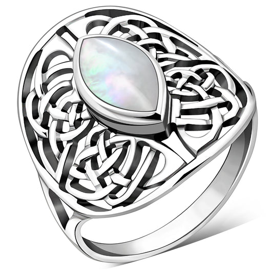 Large Mother Of Pearl Celtic Knot Silver Ring