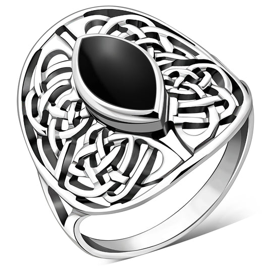 Large Black Onyx Celtic Knot Silver Ring