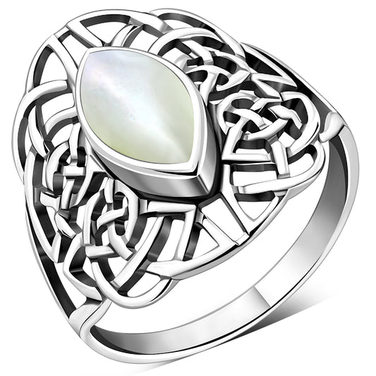 Large Mother Of Pearl Celtic Silver Ring
