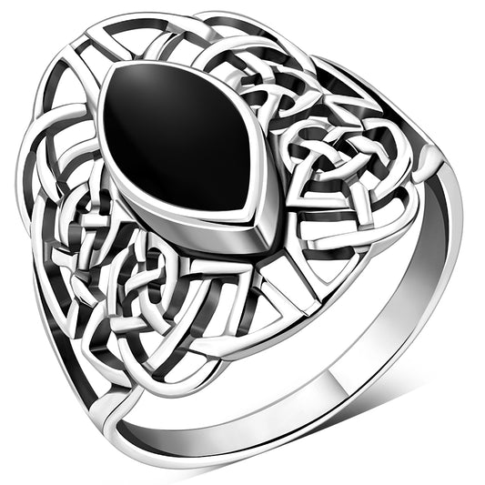 Large Black Onyx Celtic Silver Ring
