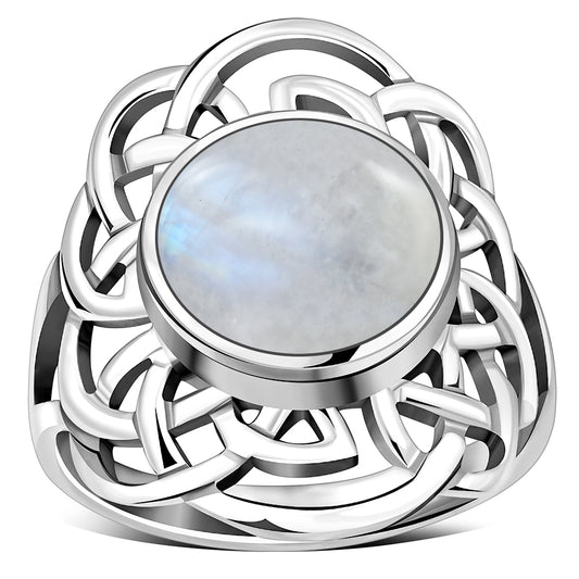 Rainbow Moonstone Celtic Sterling Silver Ring