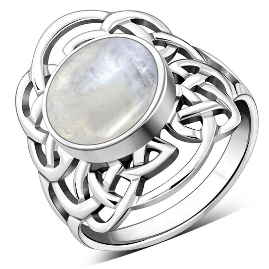 Rainbow Moonstone Celtic Sterling Silver Ring
