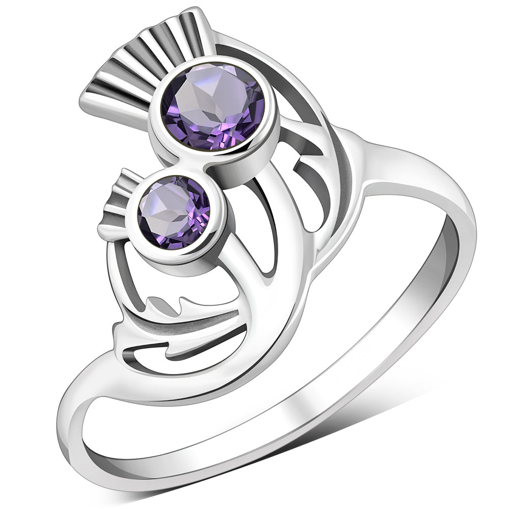 Amethyst Stone Thistle Silver Ring