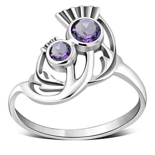 Amethyst Stone Thistle Silver Ring
