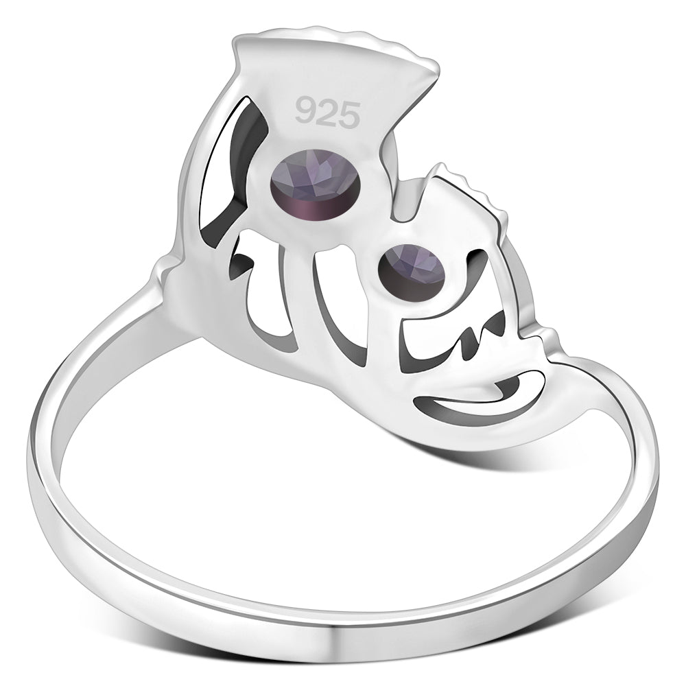Amethyst Stone Thistle Silver Ring