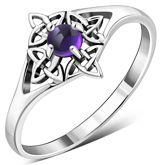 Delicate Amethyst Stone Celtic Knot Silver Ring